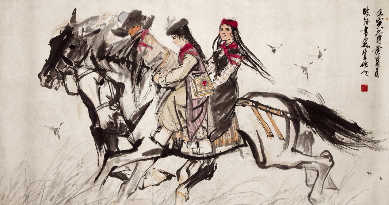 <h2>上学途中</h2><p>作者：黄胄</p><p>创作年代：1962年</p><p>规格：97cm×180cm</p><p>品类：中国画</p>